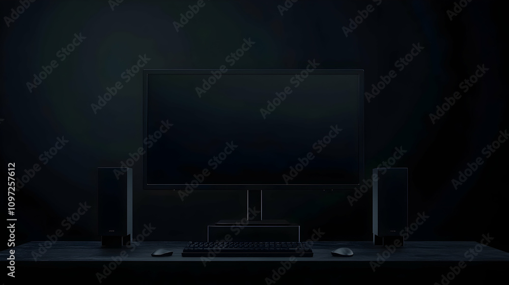 Dark room, computer monitor, keyboard, mouse, speakers on desk. Dark room, computer monitor, keyboard, mouse, speakers on desk.