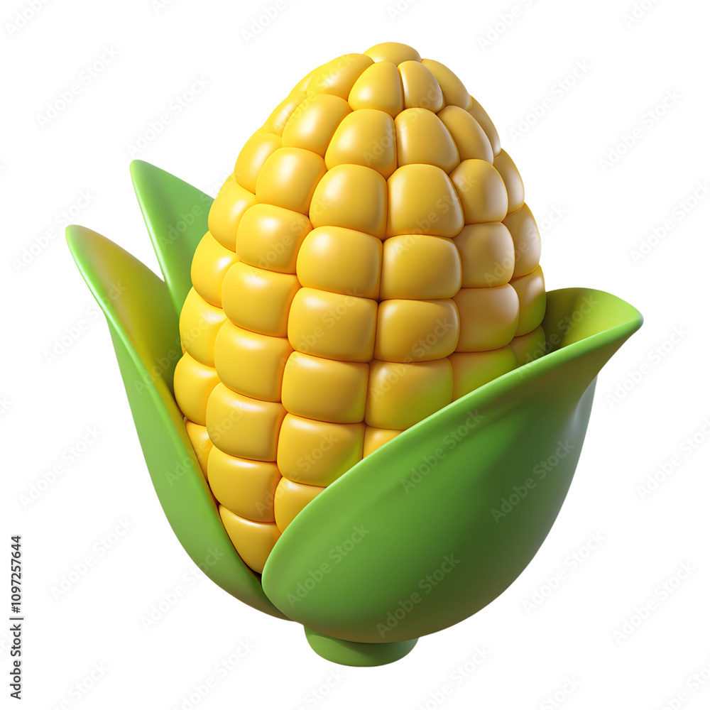 A vibrant 3D illustration of a corn cob with bright yellow kernels and fresh green husk on a transparent background. A vibrant 3D illustration of a corn cob with bright yellow kernels and fresh green husk on a transparent background.