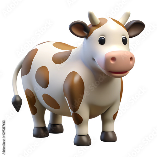 Cartoon cow with brown and white spots stands on a transparent background, showcasing a playful and friendly design ideal for illustrations and animations. photo