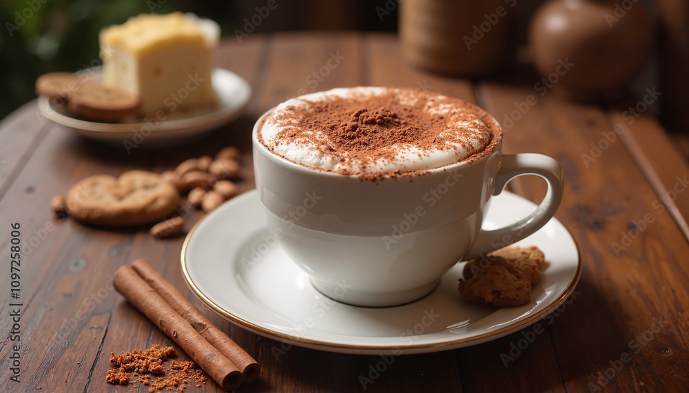 Rich hot chocolate topped with cocoa powder served in a white cup with cookies and cinnamon on a rustic wooden table Rich hot chocolate topped with cocoa powder served in a white cup with cookies and cinnamon on a rustic wooden table