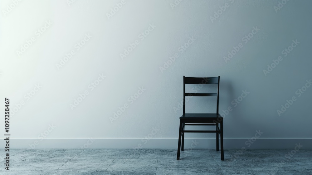 Single black chair against plain white wall Single black chair against plain white wall