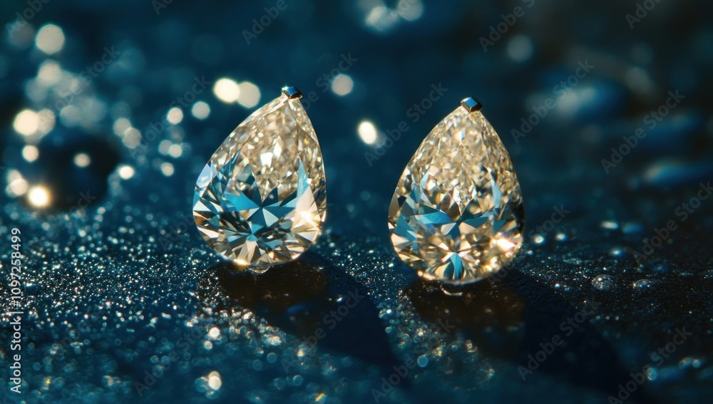Two pear-shaped diamonds on a blue background. Two pear-shaped diamonds on a blue background.