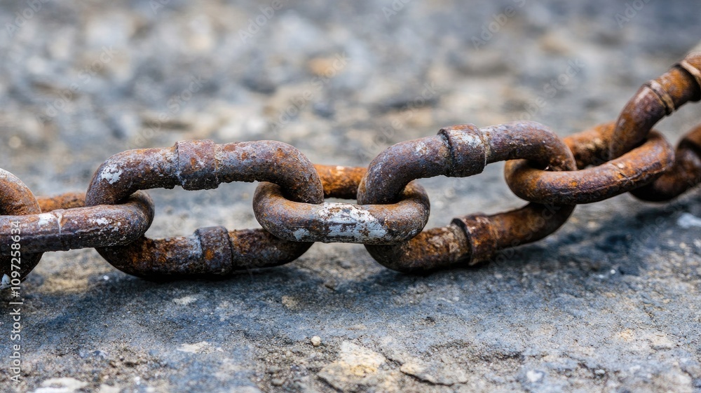 Close-up of rusty metal chain links on rough gray surface Close-up of rusty metal chain links on rough gray surface