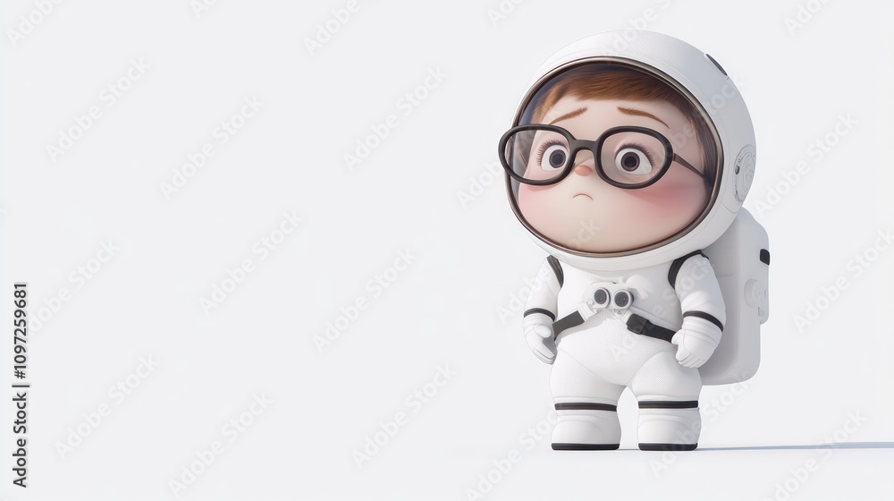 A cute cartoon astronaut with glasses stands on a white background and stares with concern into the distance. A cute cartoon astronaut with glasses stands on a white background and stares with concern into the distance.
