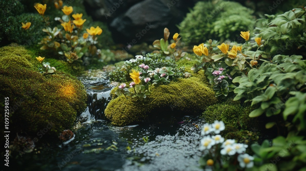 Enchanted Forest Stream: A Serene Oasis of Moss, Flowers, and Water Enchanted Forest Stream: A Serene Oasis of Moss, Flowers, and Water