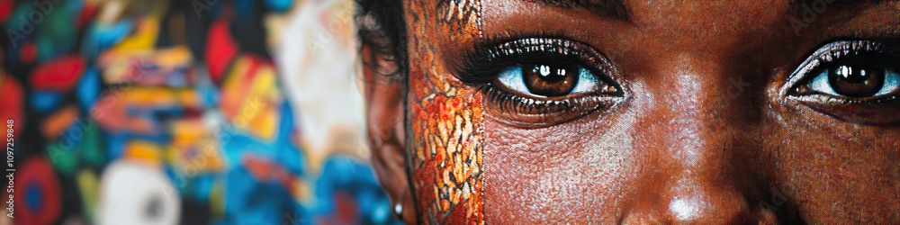 Obraz premium A close-up of an African American woman's face, surrounded by various abstract patterns and textures.