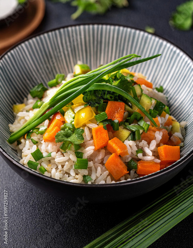 A hearty bowl of rice is topped with diced carrots, corn kernels, and fresh green herbs, served in a gray striped ceramic bowl on a dark surface.