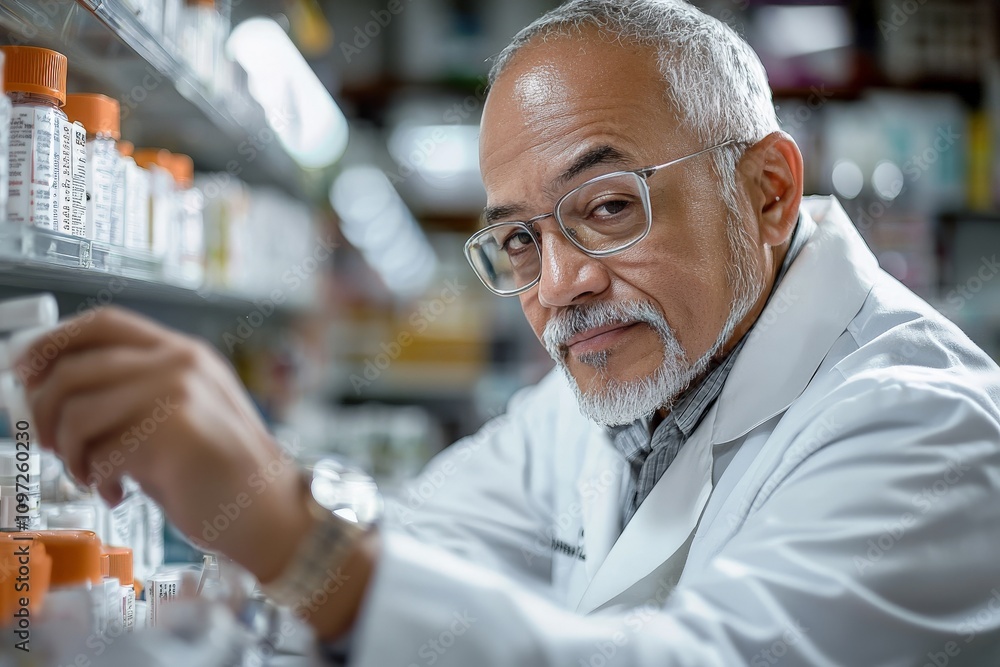 A pharmacist filling prescriptions, focused on precise measurements in a bright, well-organized pharmacy A pharmacist filling prescriptions, focused on precise measurements in a bright, well-organized pharmacy