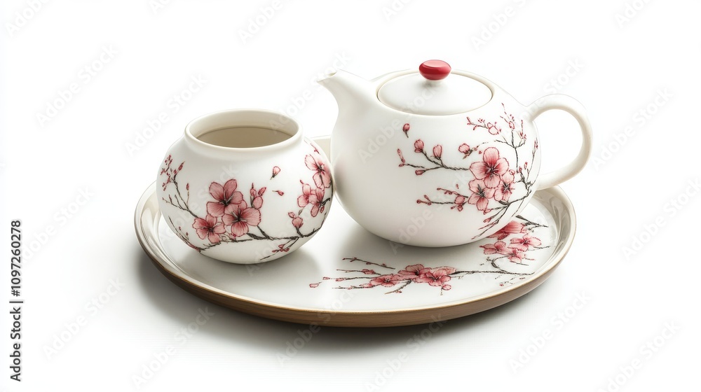 Fototapeta premium Elegant tea set with blooming cherry blossom design on tray