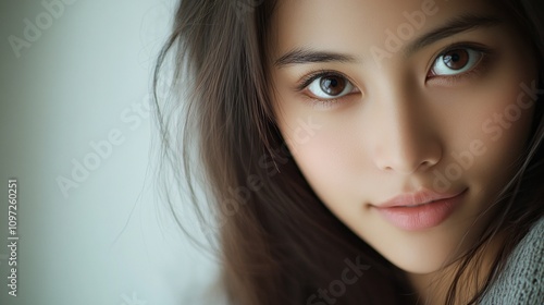 Wallpaper Mural A woman with long brown hair and brown eyes is smiling. She has a very pretty face. The photo is of a woman with a very nice smile Torontodigital.ca