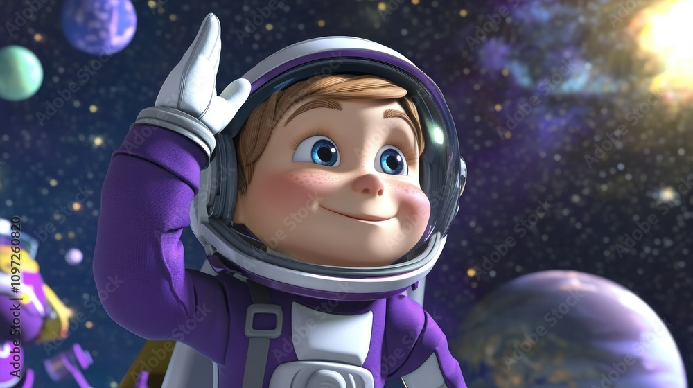 A young astronaut waves in space, surrounded by planets and stars, showcasing exploration. A young astronaut waves in space, surrounded by planets and stars, showcasing exploration.