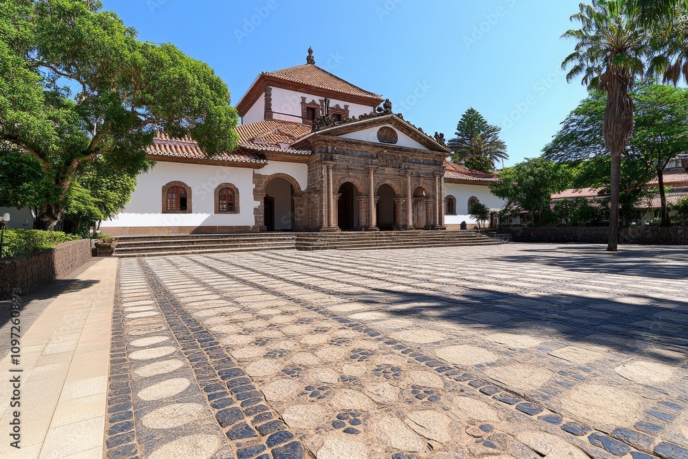 Fototapeta premium A detailed view of Azorean architecture, with traditional blue-tiled facades and intricate stonework