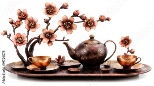 Elegant tea set with blooming flowers and decorative elements