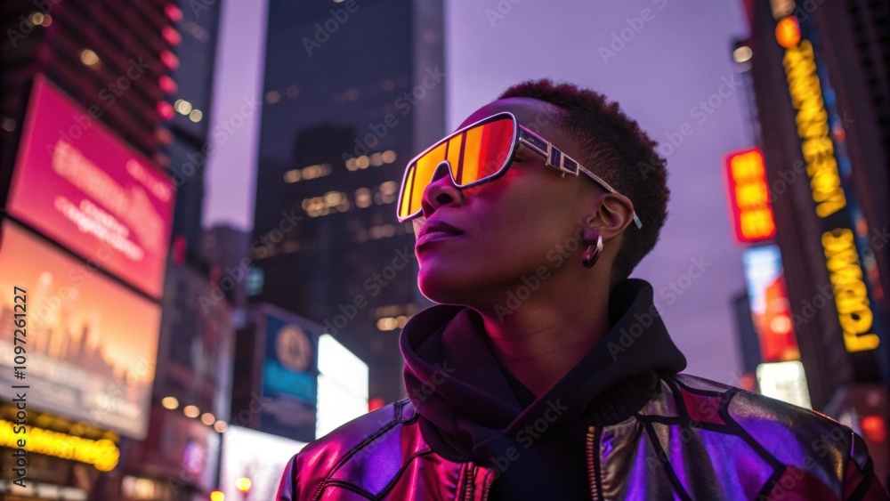 An artist poses confidently while wearing angular futuristic sunglasses with slim metallic frames. The reflective lenses capture the neon glow of an urban evening mirroring bright