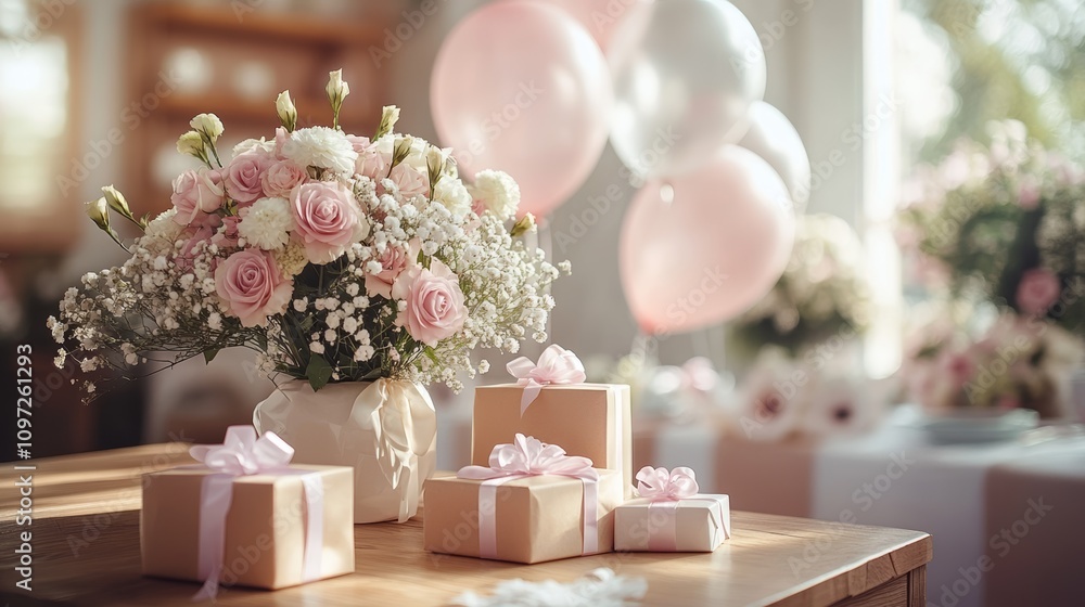 A bouquet of pink roses and white baby's breath in a vase, with wrapped presents and balloons in the background. A bouquet of pink roses and white baby's breath in a vase, with wrapped presents and balloons in the background.
