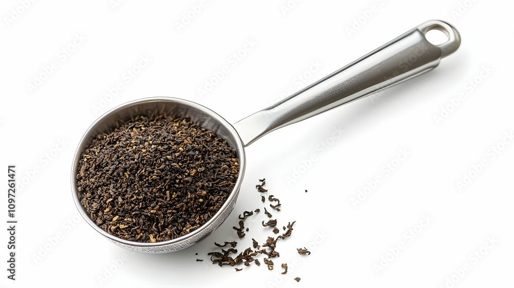 Dried tea leaves in a metal scoop against a white background. Dried tea leaves in a metal scoop against a white background.