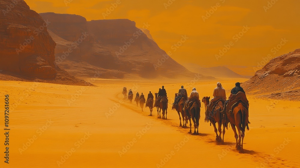 A caravan of camels walks through the desert towards a hazy, orange horizon. A caravan of camels walks through the desert towards a hazy, orange horizon.