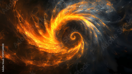 Fiery orange and yellow swirl forms a dynamic celestial vortex in a dark cosmic backdrop. Burning Solar Vortex. Illustration