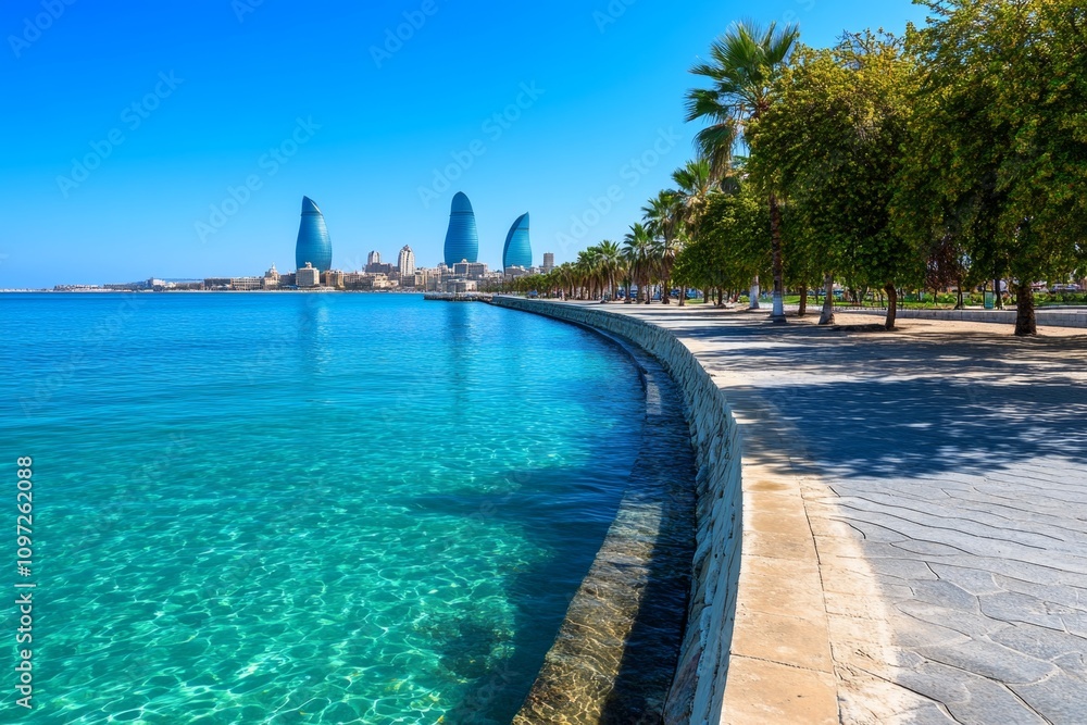A high-angle shot of Baku modern skyline, with the Flame Towers, Crystal Hall, and Caspian waterfront A high-angle shot of Baku modern skyline, with the Flame Towers, Crystal Hall, and Caspian waterfront