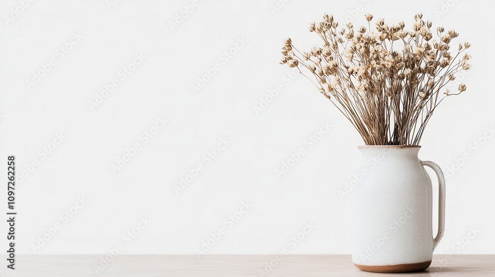 A minimalist vase holds dried flowers against a white backdrop, creating a serene and elegant decor piece. A minimalist vase holds dried flowers against a white backdrop, creating a serene and elegant decor piece.