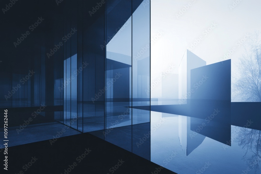 Minimalist interior with large windows reflecting the sky and trees. Minimalist interior with large windows reflecting the sky and trees.