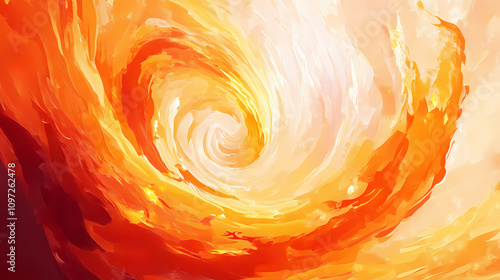 A swirling vortex of fiery orange and yellow flames creates an abstract, intense, and energetic background image. Burning Solar Vortex. Illustration