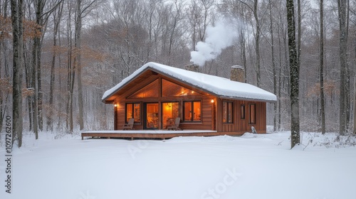 A cozy cabin nestled in a snowy forest with smoke rising from the chimney.