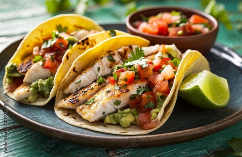 beef tacos with fresh salsa, avocado, and lime wedges, Mexican dish, served on a turquoise plate photo