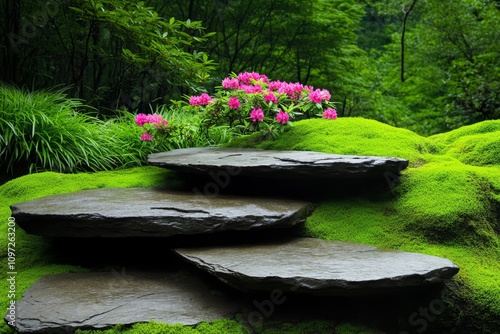 A natural woodland scene with azaleas blooming wildly among ferns and moss-covered rocks photo