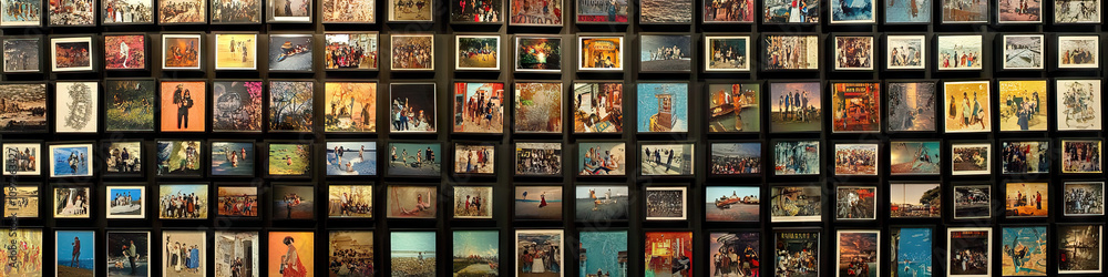 Obraz premium A wall full of framed photographs, each marked with the time it was taken, creating a visual record of life's precious moments.