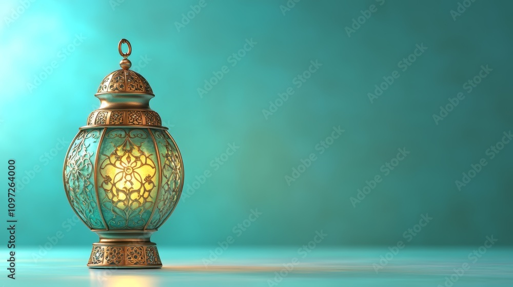 A glowing lantern with intricate designs sits on a turquoise background with a soft, glowing light. A glowing lantern with intricate designs sits on a turquoise background with a soft, glowing light.