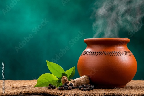 A pot of steaming Ayurvedic kadha with visible spices like cloves, ginger, and black pepper on a rustic table photo