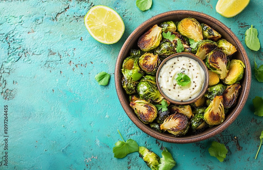 Crusty roasted Brussels sprouts served with creamy Dijon aioli on a modern background. Crusty roasted Brussels sprouts served with creamy Dijon aioli on a modern background.