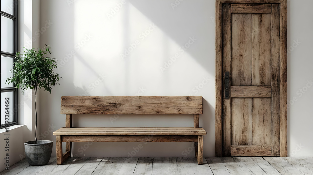 Rustic Wooden Bench and Door Interior Design Illustration Rustic Wooden Bench and Door Interior Design Illustration