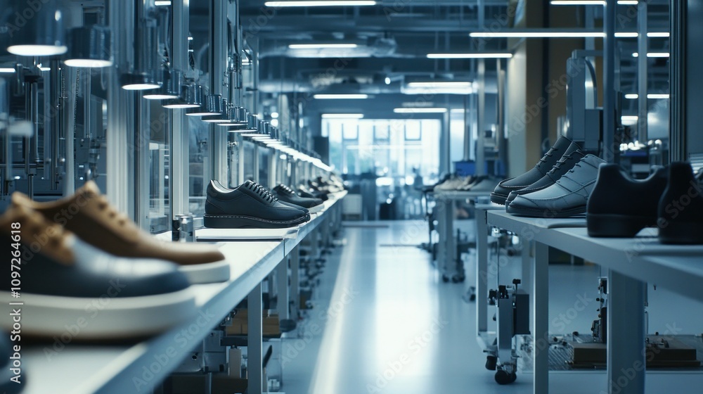 High-end modern shoe manufacturing factory, precision stitching machines, clean and well-lit High-end modern shoe manufacturing factory, precision stitching machines, clean and well-lit
