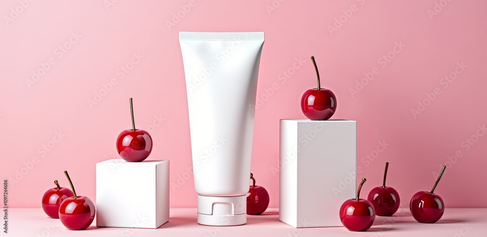 Cosmetic tube with red cherries on pink background Cosmetic tube with red cherries on pink background