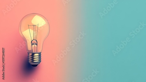 A lit light bulb on a pastel pink and blue background.