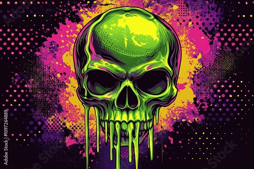 Glowing green skull with dripping slime against a vibrant, splattered background. photo