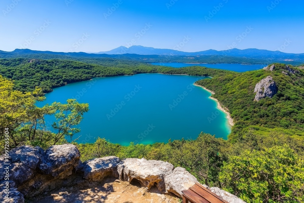 A serene view of the turquoise waters of Lake Goygol, surrounded by lush forests and mountains A serene view of the turquoise waters of Lake Goygol, surrounded by lush forests and mountains
