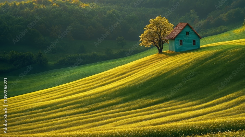 A lone, blue house sits on a grassy hill with yellow fields in the background. A lone, blue house sits on a grassy hill with yellow fields in the background.