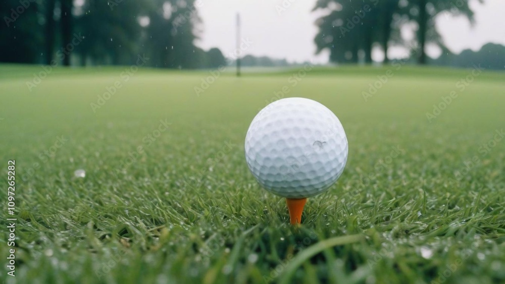 Rainy Day Golf: A Single Golf Ball on a Lush Green Tee Rainy Day Golf: A Single Golf Ball on a Lush Green Tee