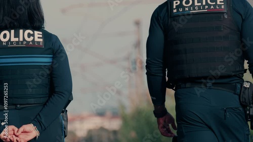 Two french police officers walking and patrolling the streets in Nice, France
