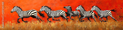 A herd of zebras gallop across the African savanna, their striped coats blending into the landscape as they evade a looming predator.