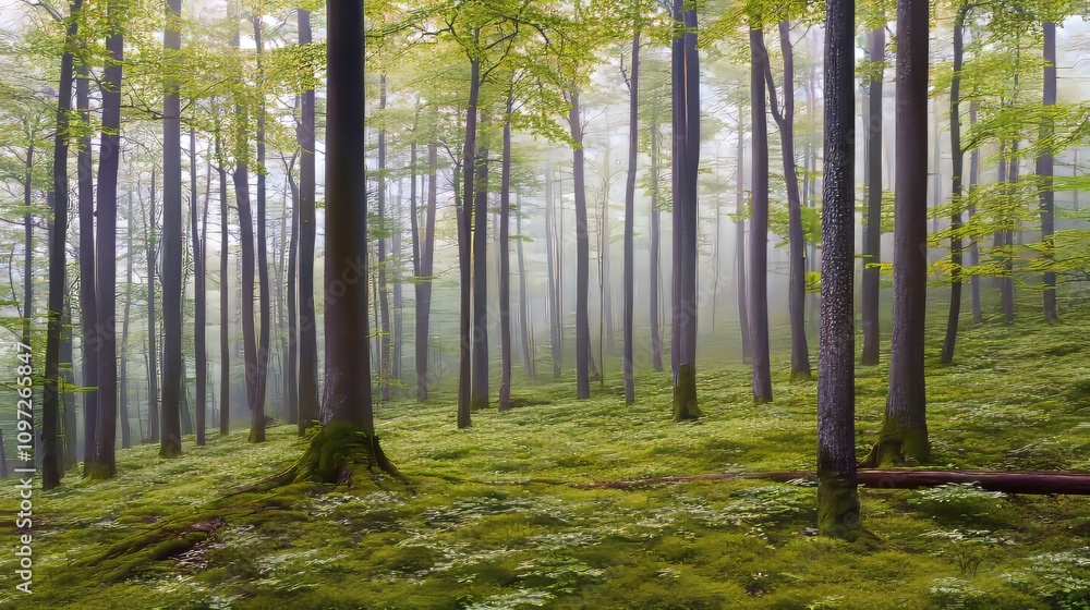 Fototapeta premium Tranquil Misty Forest with Tall Green Trees and Moss