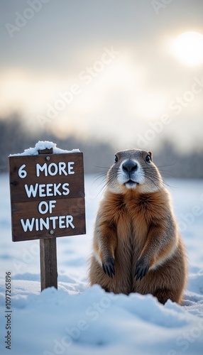 Groundhog standing next to rustic sign about winter in snowy field with soft sunlight