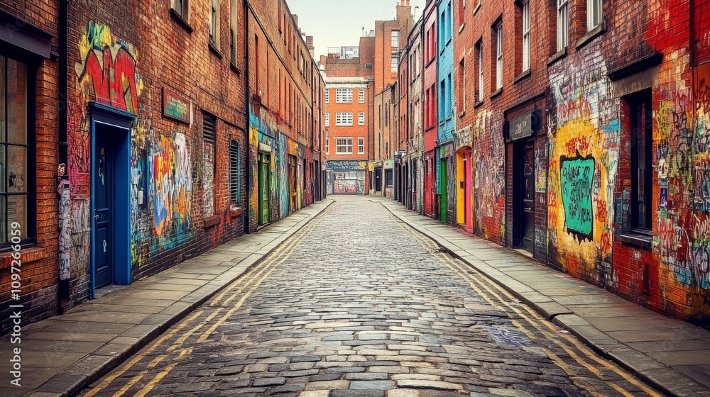 Fototapeta premium A narrow cobblestone street lined with colorful graffiti-covered buildings.