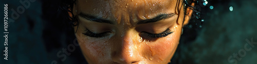 A young woman, tears streaming down her face, embracing herself in relief.