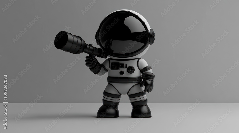 A stylized astronaut character holding a futuristic camera in a minimalistic setting. A stylized astronaut character holding a futuristic camera in a minimalistic setting.