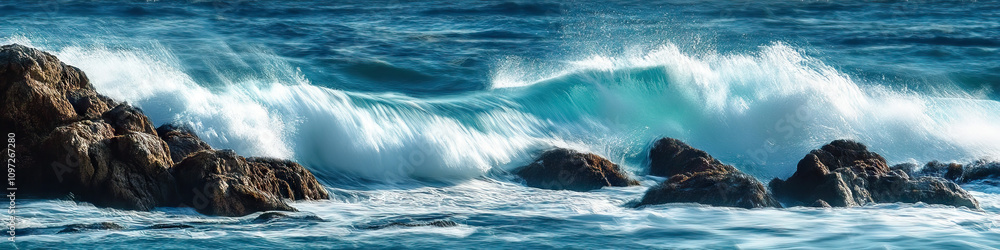 Obraz premium Waves of the Sea: A vast ocean, with white-capped waves crashing against jagged rocks.
