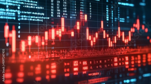 Wallpaper Mural A red and blue digital display of stock market data with candlestick charts, numbers, and graphs. Torontodigital.ca